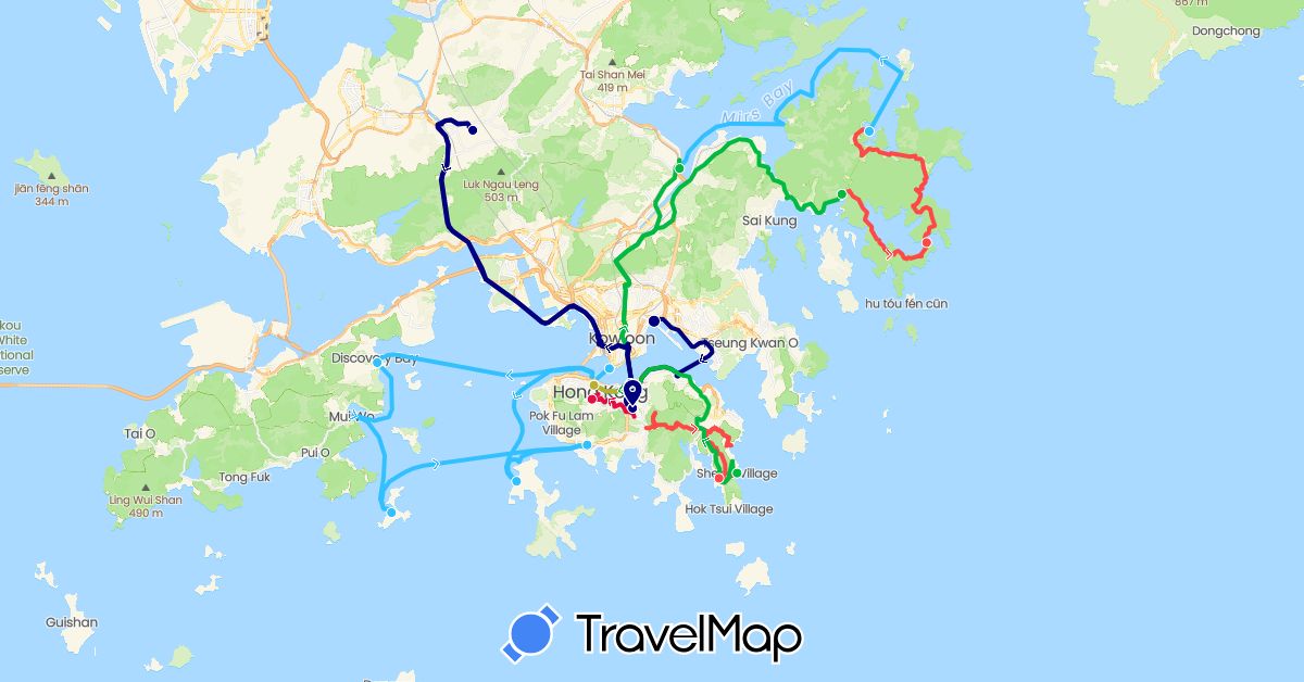 TravelMap itinerary: driving, bus, hiking, boat, running, tram in Hong Kong (Asia)