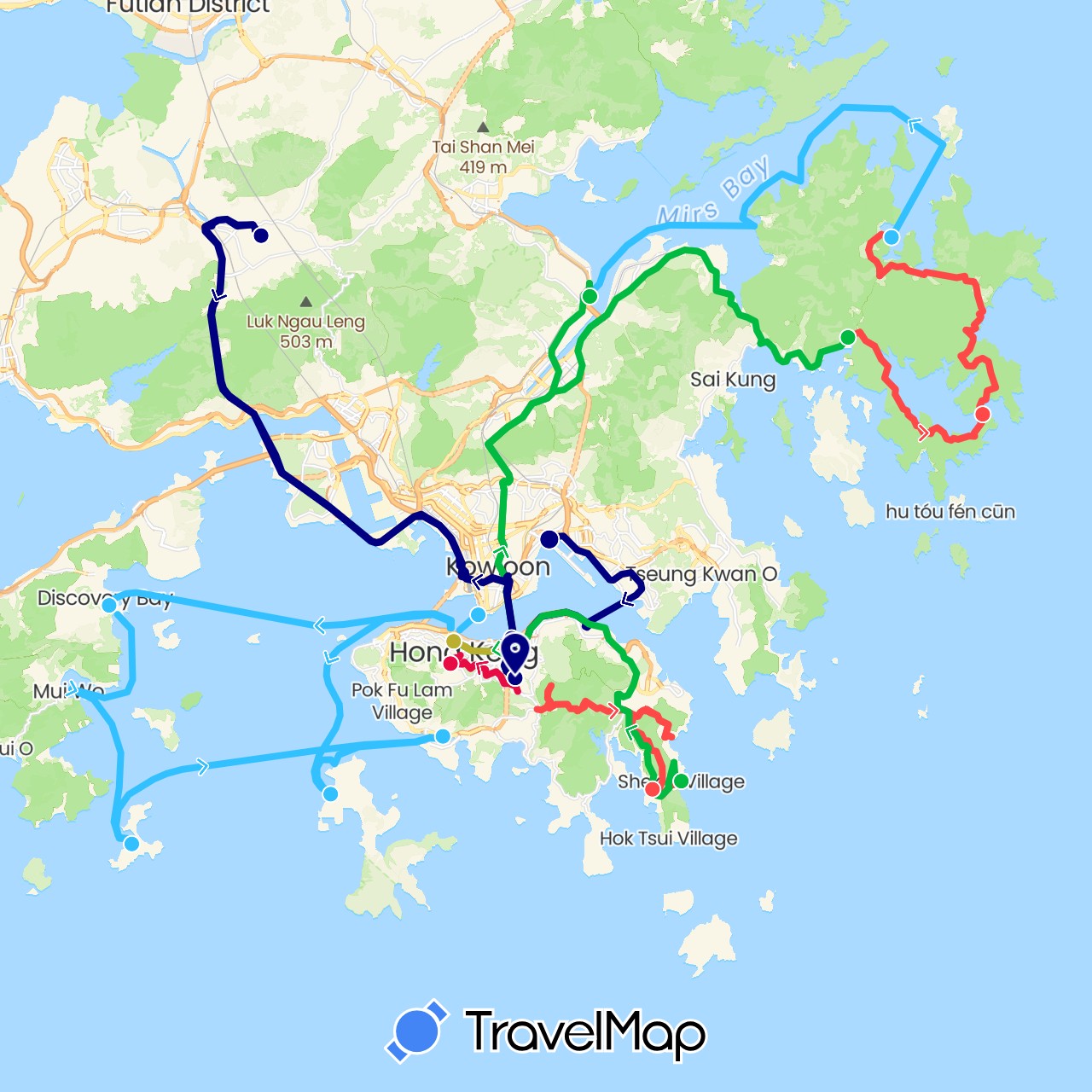 TravelMap itinerary: driving, bus, hiking, boat, running, tram in Hong Kong (Asia)