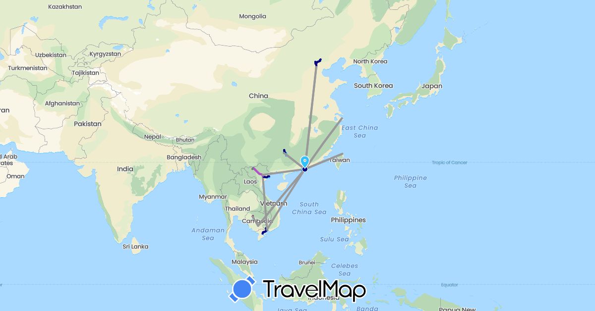 TravelMap itinerary: driving, bus, plane, cycling, train, hiking, boat in China, Hong Kong, Cambodia, Macau, Taiwan, Vietnam (Asia)