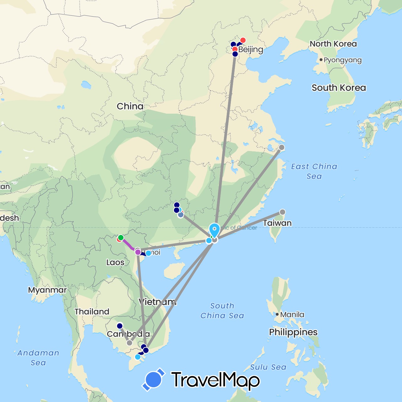 TravelMap itinerary: driving, bus, plane, cycling, train, hiking, boat in China, Hong Kong, Cambodia, Macau, Taiwan, Vietnam (Asia)